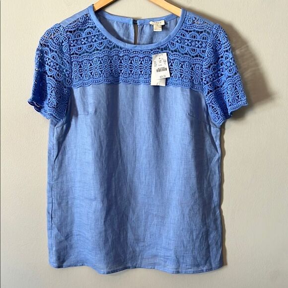 New! J. Crew Factory Linen Top Crochet Women's Size 2 Blue NWT - Picture 1 of 12